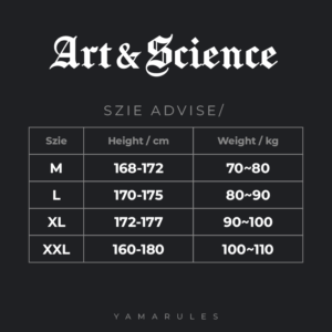 A size information chart with white text on a black background, featuring the "Art & Science" Gothic logo at the top. The table lists measurements for sizes M to XXL, including Length, Waist, Leg Op, and Hip.