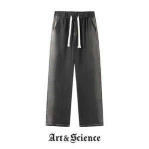 Premium dark grey casual drawstring trousers from Art and Science featuring an adjustable elastic waistband and a comfortable relaxed fit design for everyday urban streetwear style.