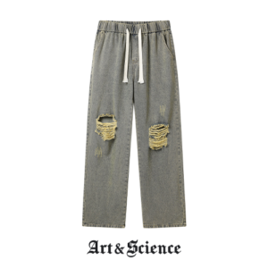 Premium light blue distressed denim jeans from Art and Science featuring stylish knee rips and a vintage washed finish for an authentic streetwear look.