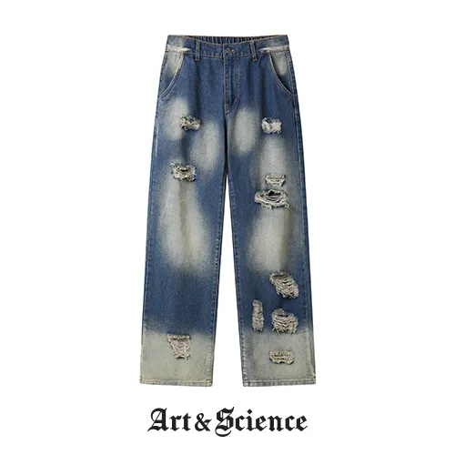 Distressed raw denim jacket with techwear aesthetics