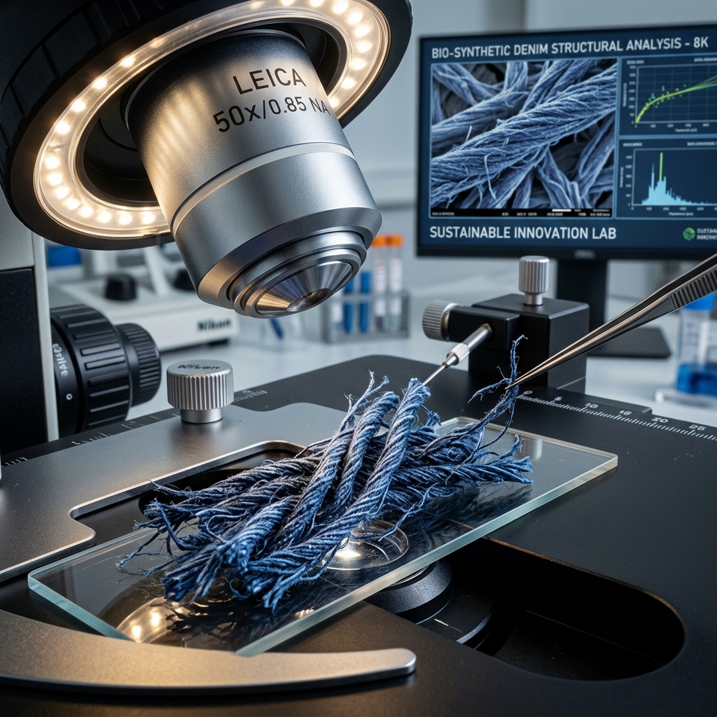 Macro of bio-synthetic denim fibers under laboratory lighting.