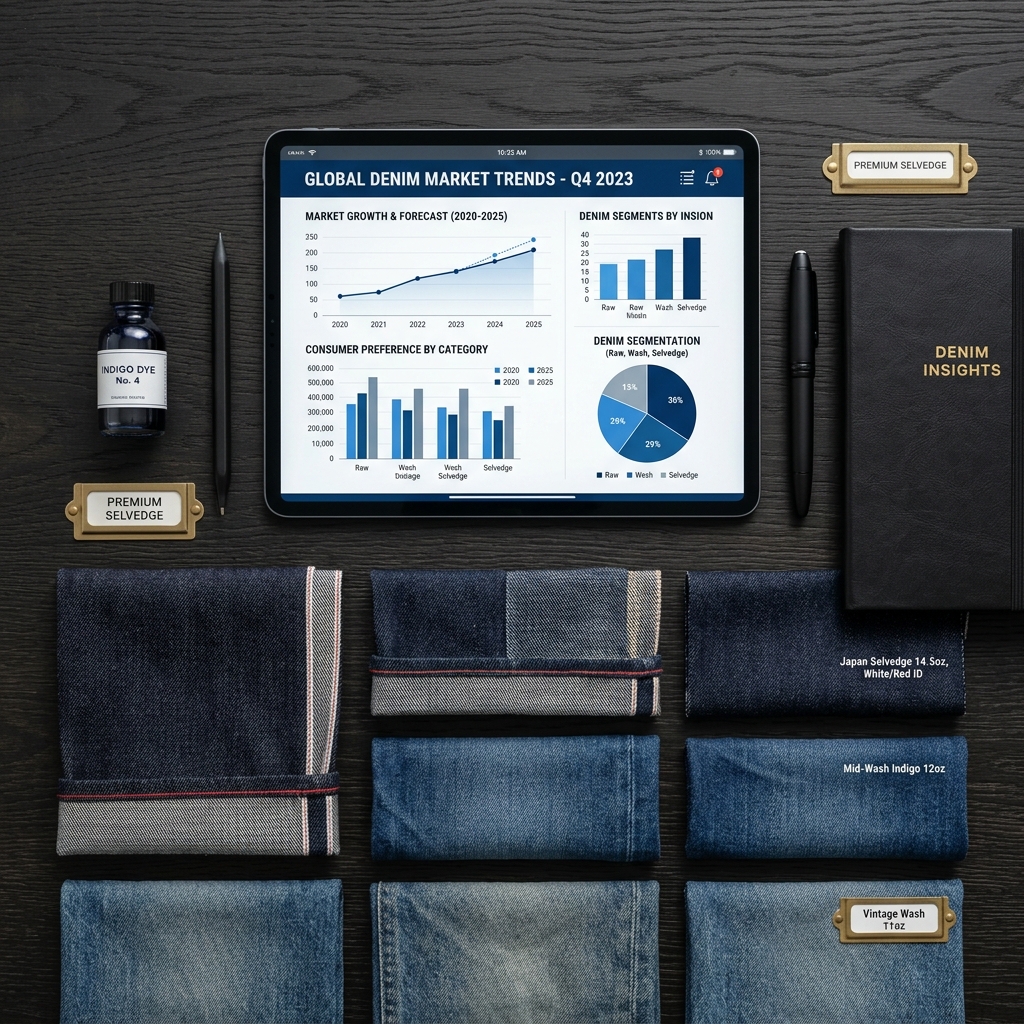 Luxury flat lay of denim samples and a tablet showing market data.