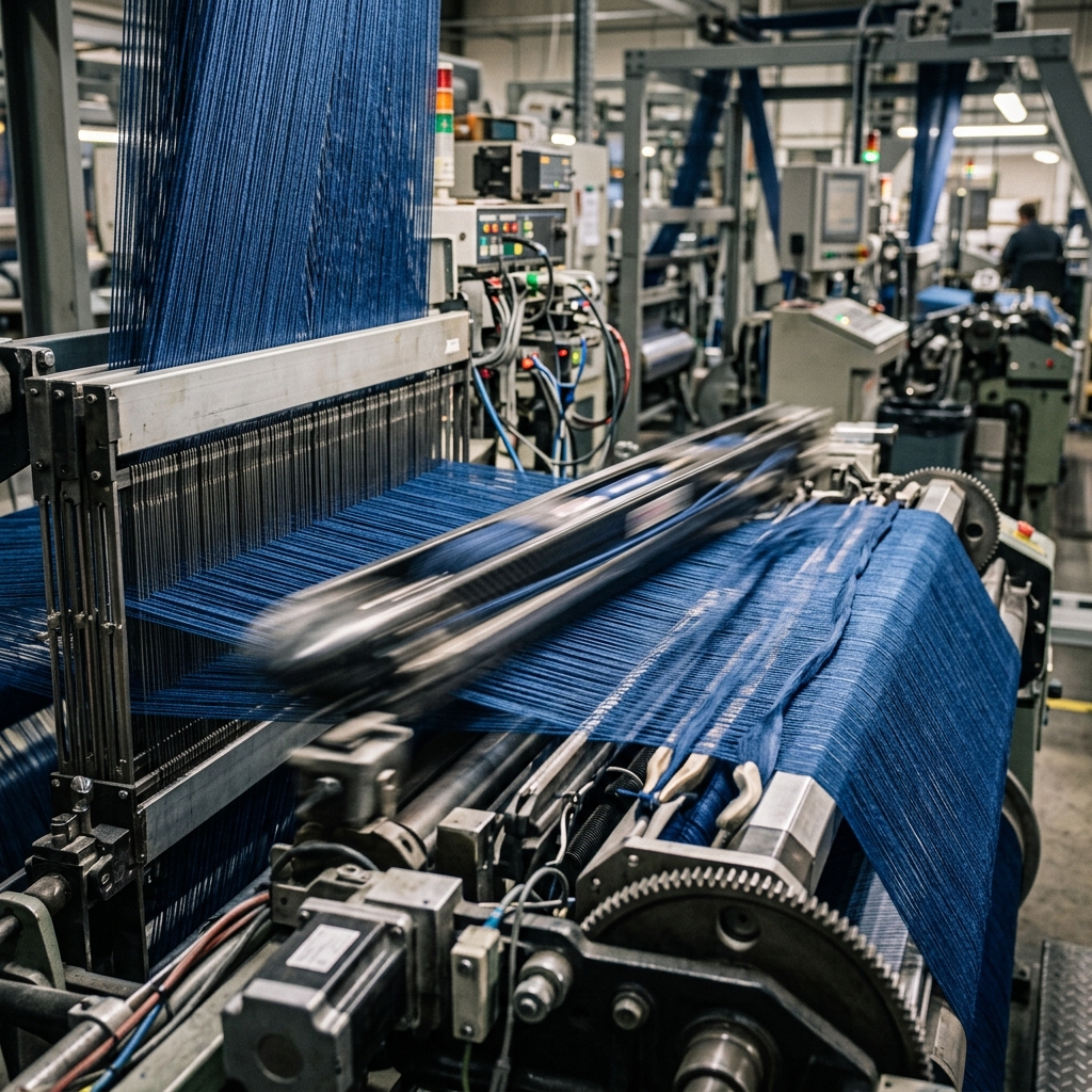 Modern loom shuttle moving at high speed with blurred motion.