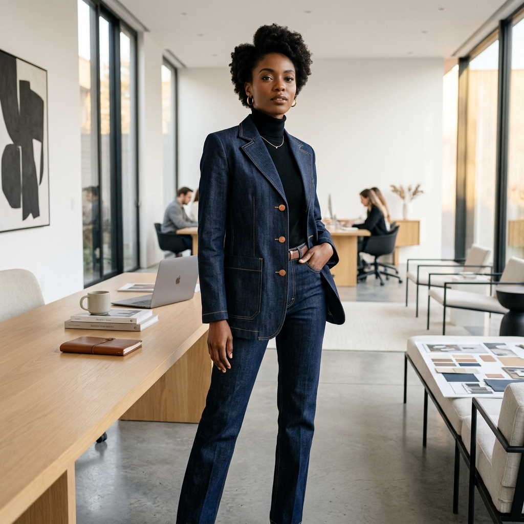 Fashion model wearing a rigid raw denim blazer in a minimalist office.