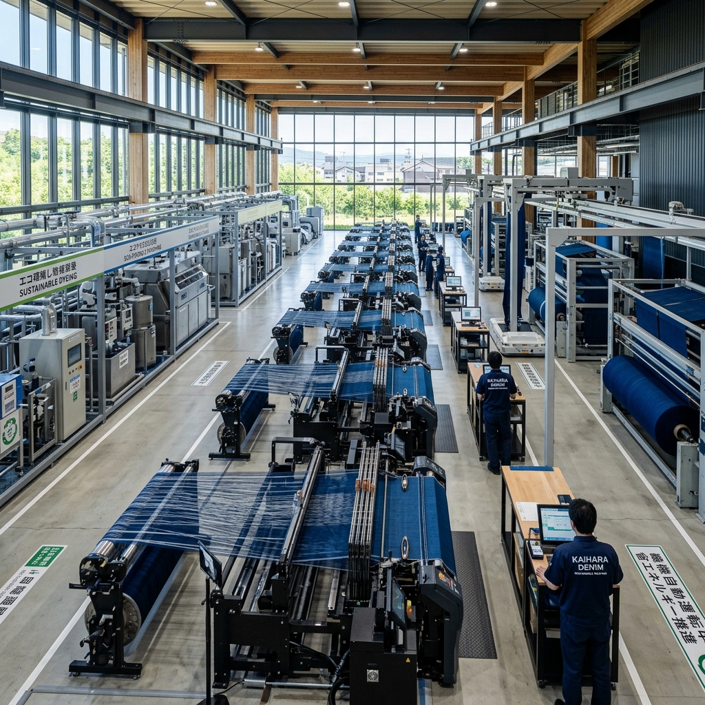Wide angle of a sustainable denim factory in Japan.