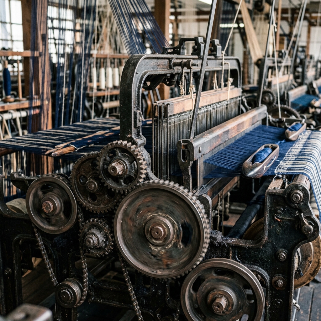 Artistic close-up of mechanical gears on a vintage Toyoda G3 loom.