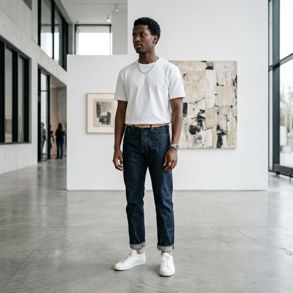 Minimalist Cleanfit style fashion photography in an urban gallery.