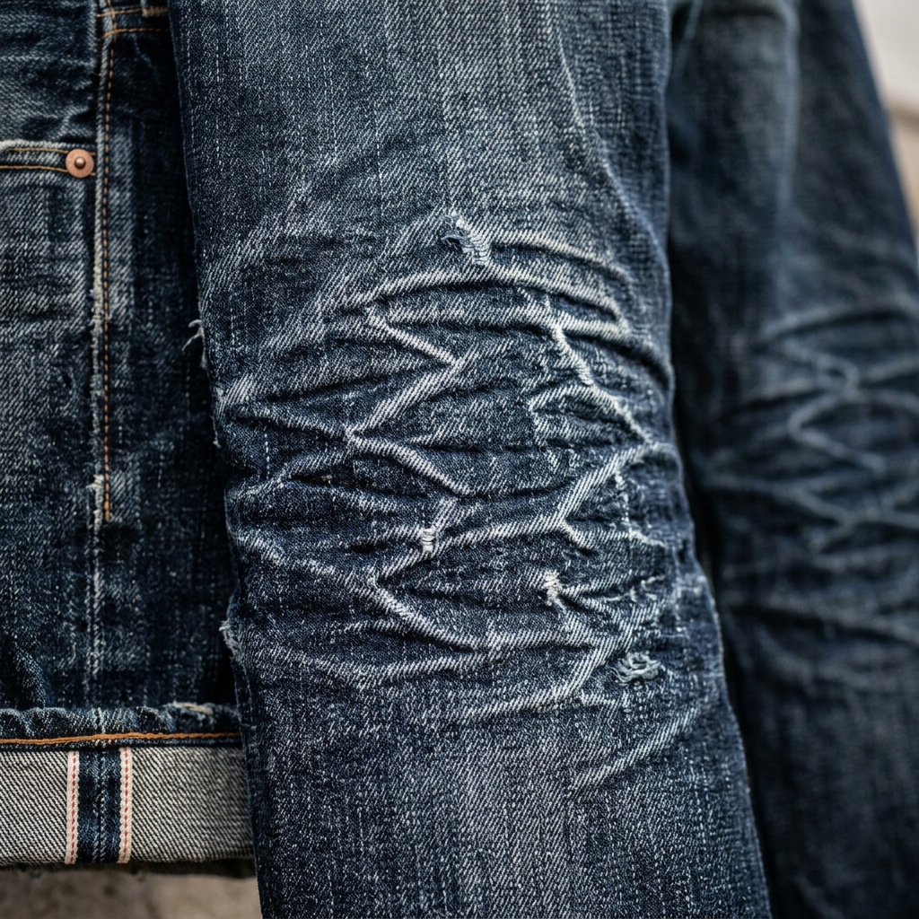 Close-up of authentic honeycomb fades and whiskers on raw denim.