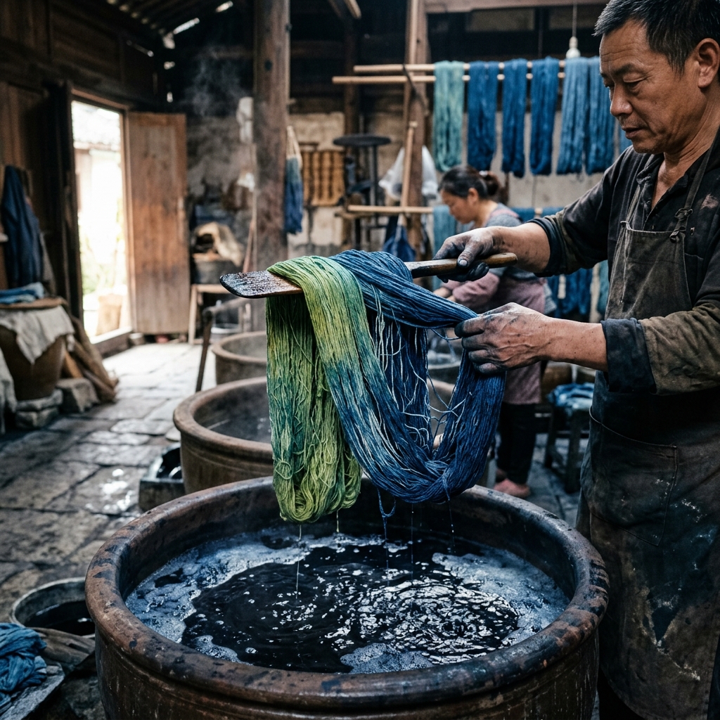 Cinematic shot of cotton yarns being dipped in indigo dye vats.
