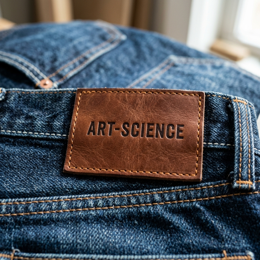 Close-up of a minimalist leather patch with debossed ART-SCIENCE logo.