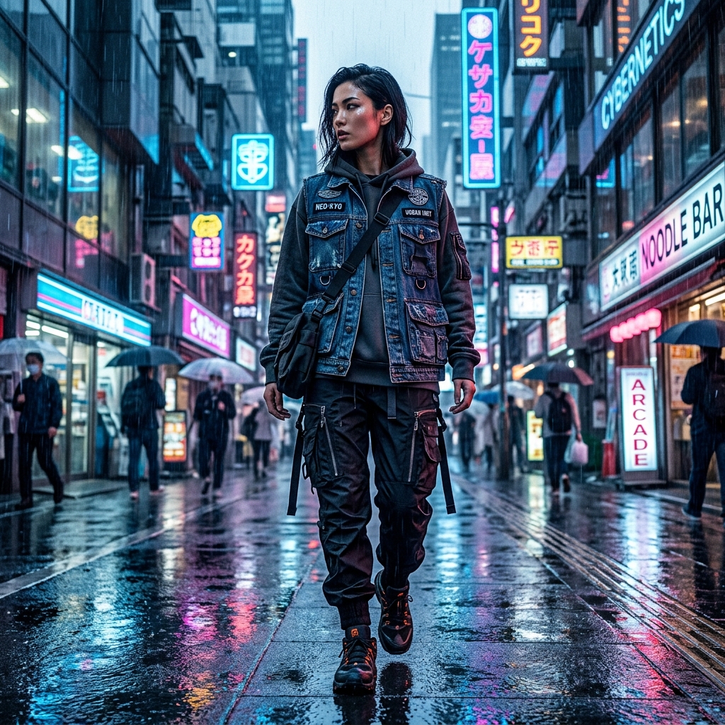 Technical fashion photography of a model in a tactical denim vest.