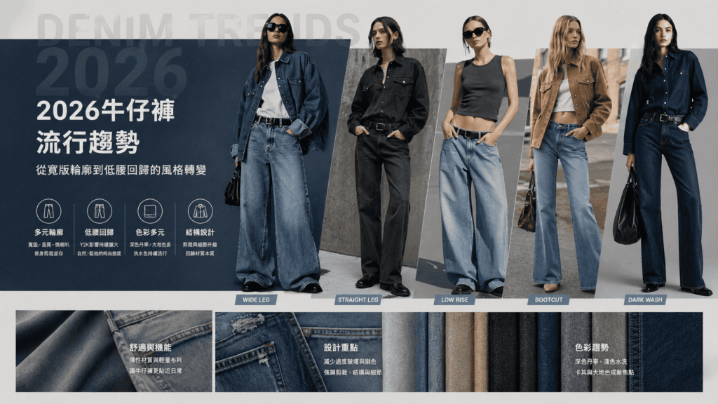 2026 denim trends showcasing wide-leg, straight, and low-rise jeans styles
