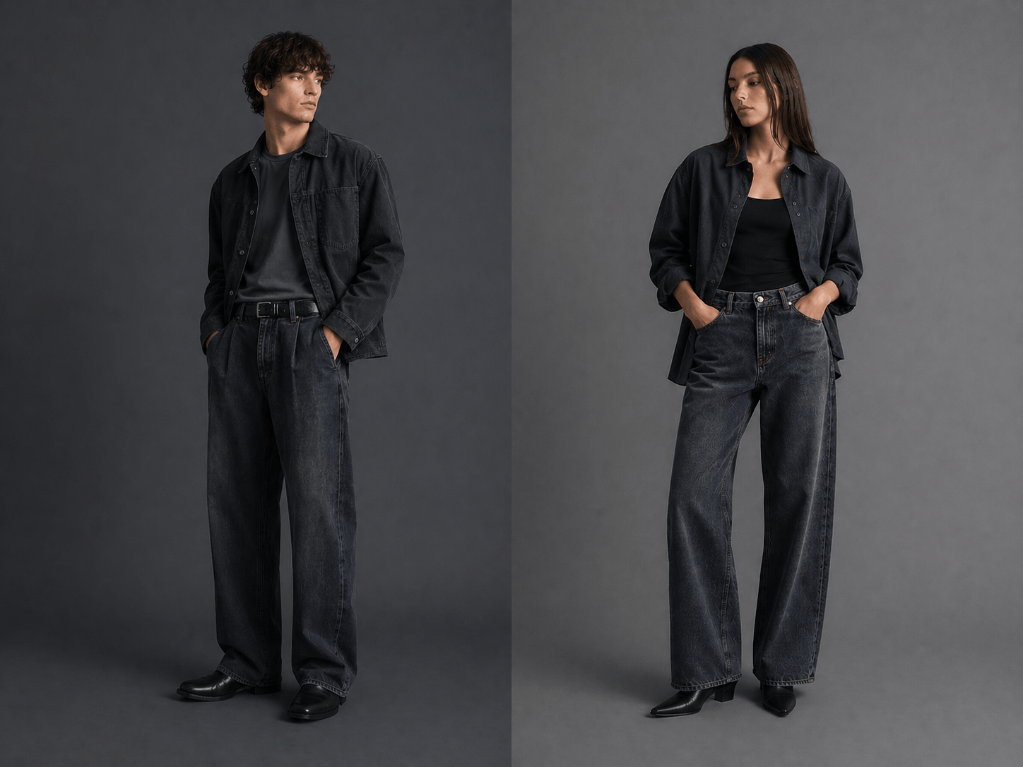 Grey blue denim jeans editorial showcasing contemporary wide-leg silhouettes and minimalist styling
